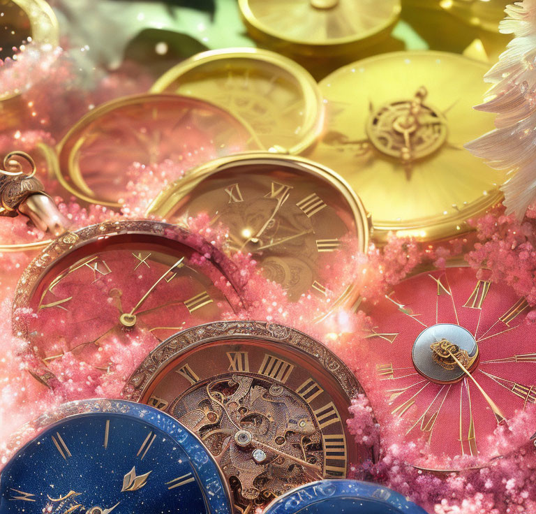 Vintage Pocket Watches Among Pink Crystalline Structures and Sparkling Particles