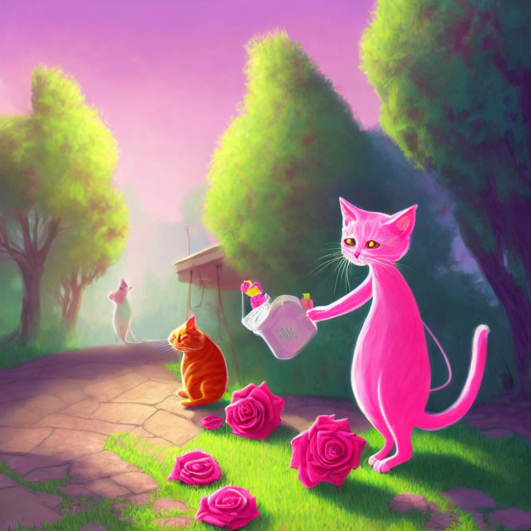 Illustration of a pink cat with a watering can in a magical garden scene