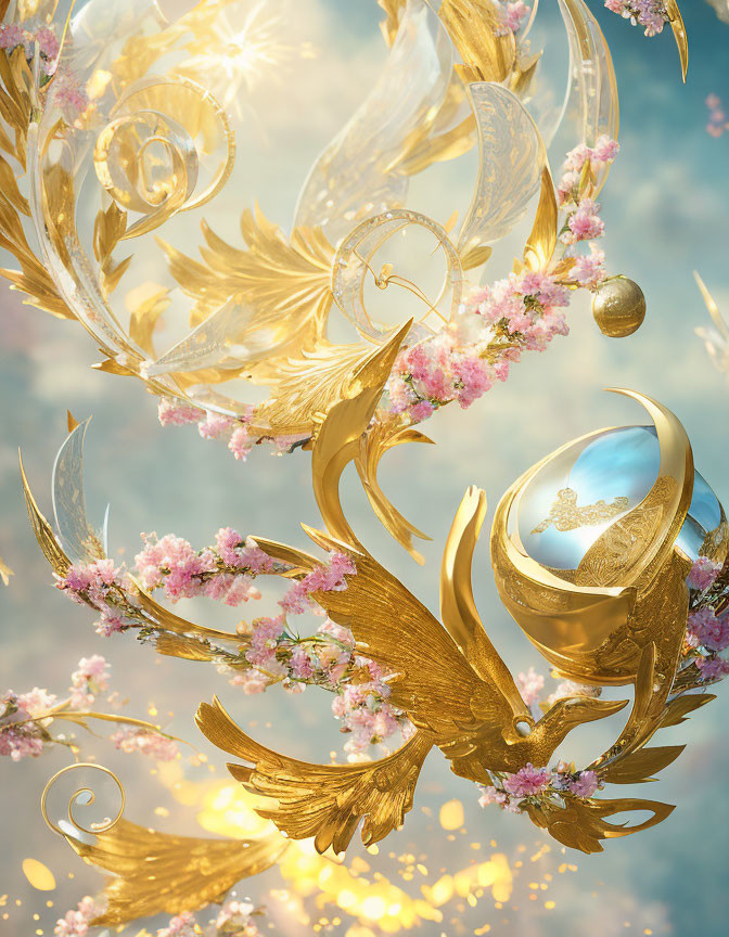 Golden winged ornaments and pink blossoms in a celestial setting