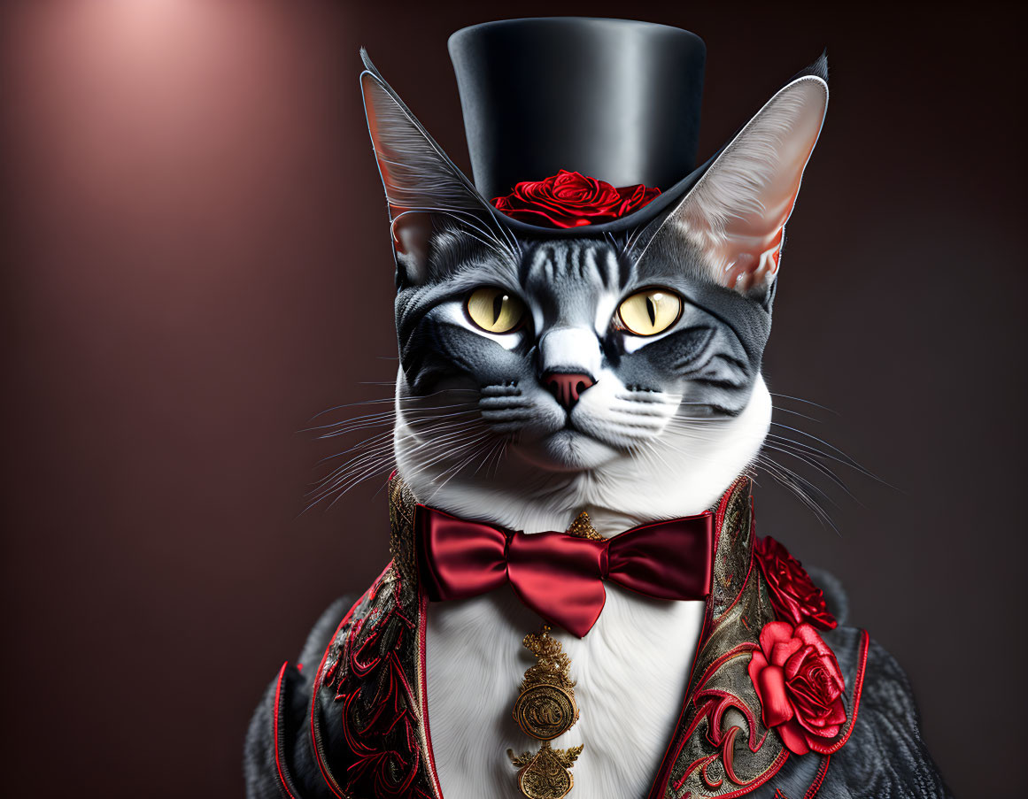 Digital artwork: Cat with human-like eyes, top hat, rose, coat, red bow tie