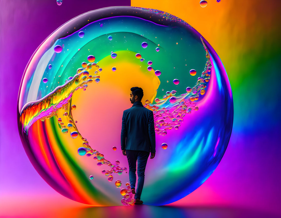 Silhouetted figure against vibrant backdrop with swirling bubble and water droplets