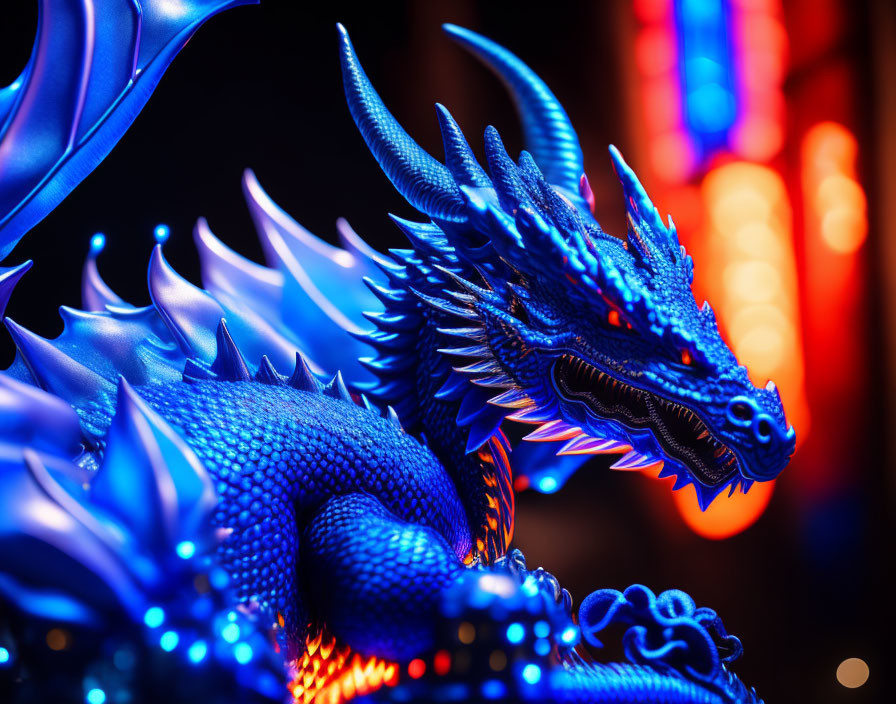 Detailed Blue Dragon Model with Neon Lights & Sharp Spikes