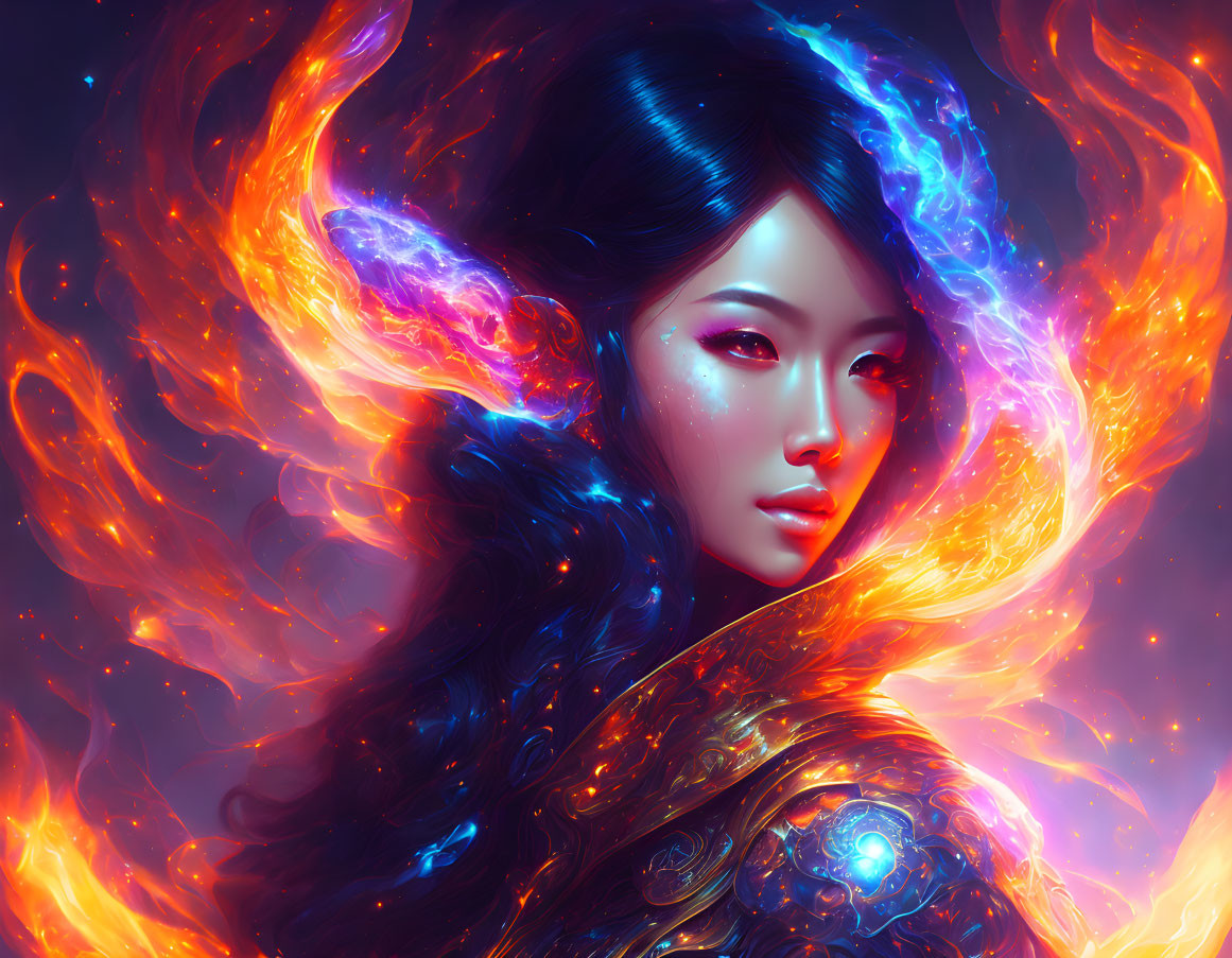 Digital artwork: Woman with ethereal glow, surrounded by phoenix-like flames and wearing intricate armor.