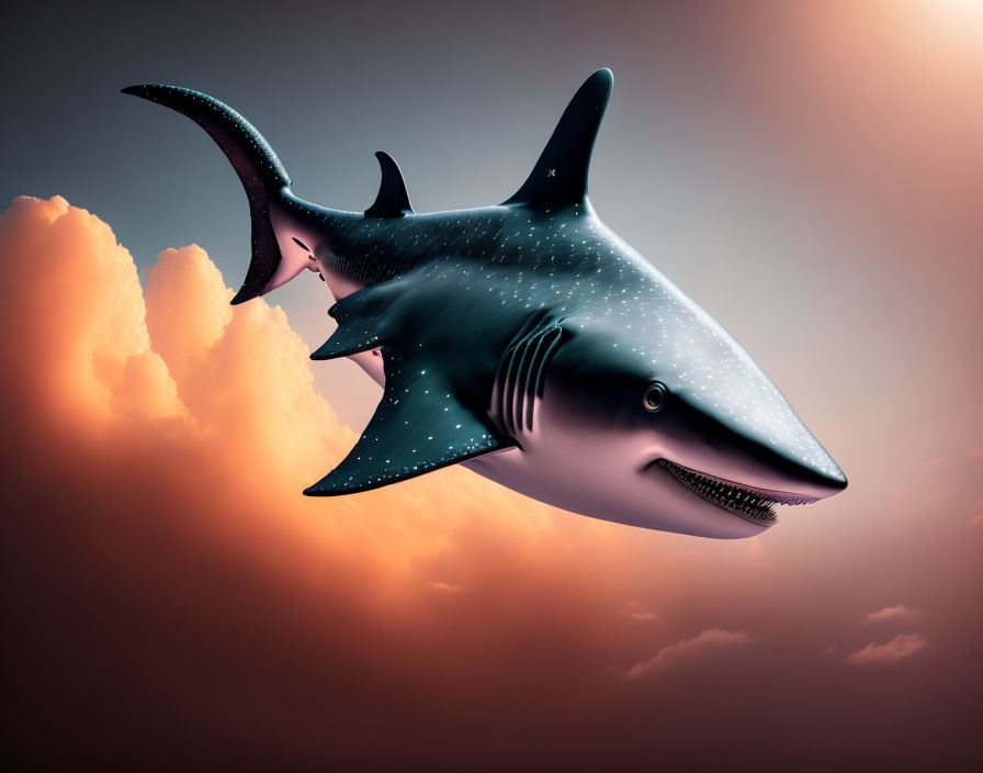 Large flying shark in pink sky with fluffy clouds