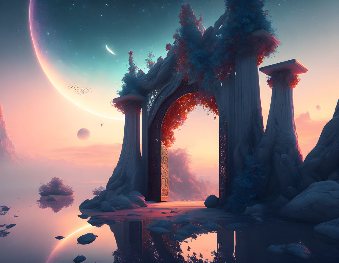 Fantasy landscape with ornate portal, floating islands, giant moon, and starry sky