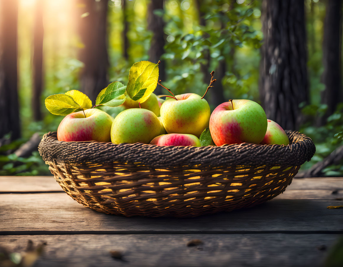 Fresh ripe apples in a basket on a sunlit forest table