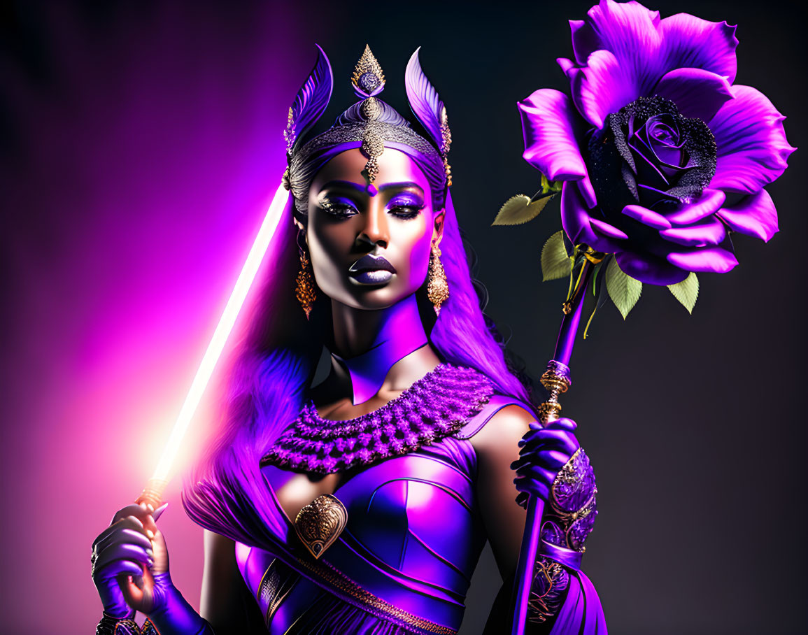 Stylized image of woman with headgear, armor, staff, and black rose on purple backdrop