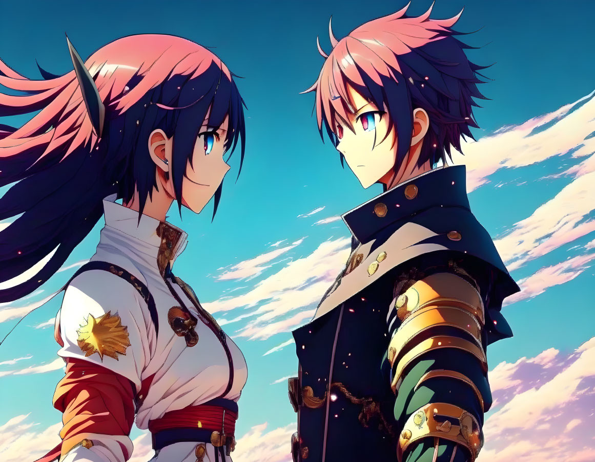 Anime characters with pink and blue hair in gaze under blue sky