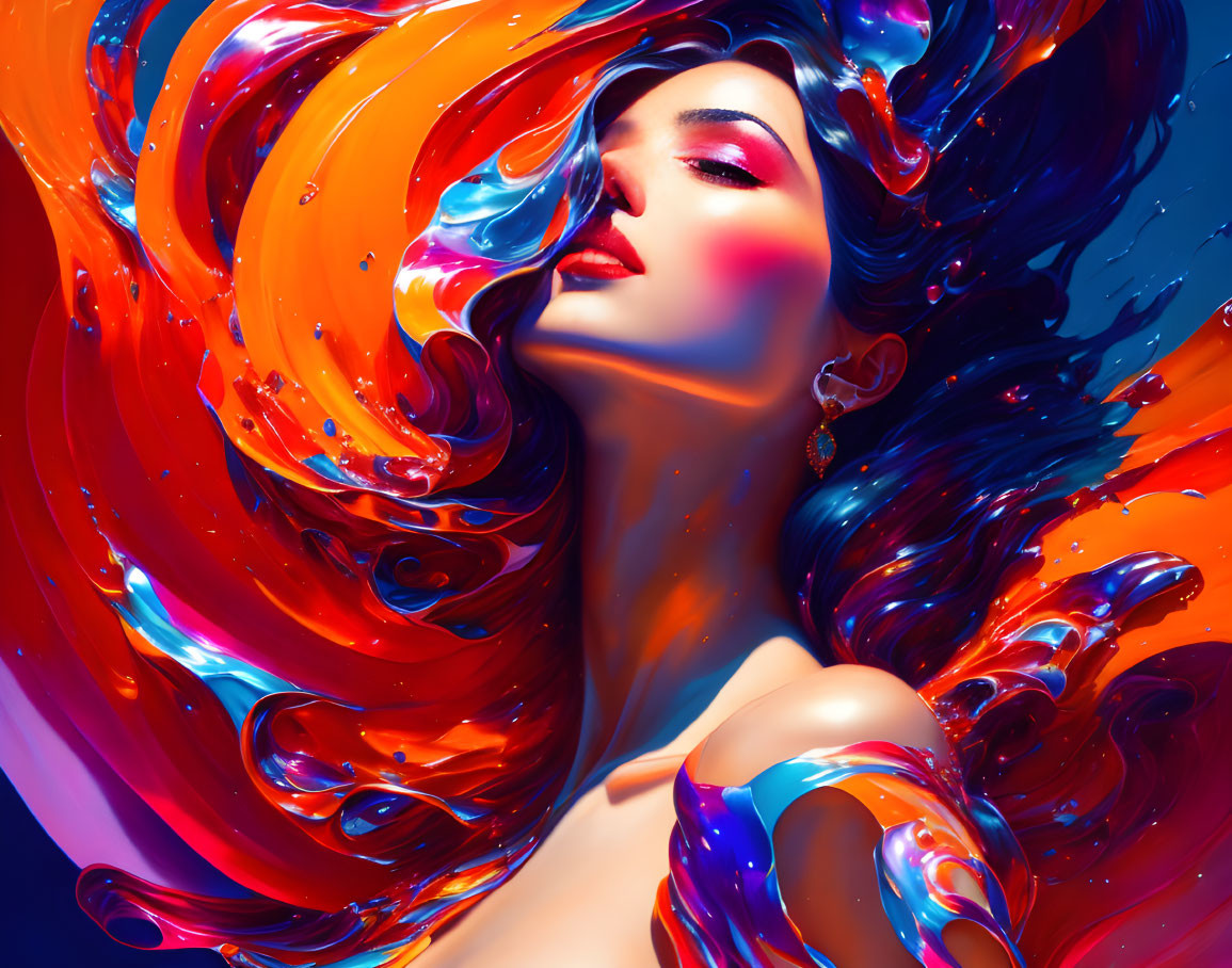 Vibrant digital artwork of a woman with fiery red hair and blue highlights