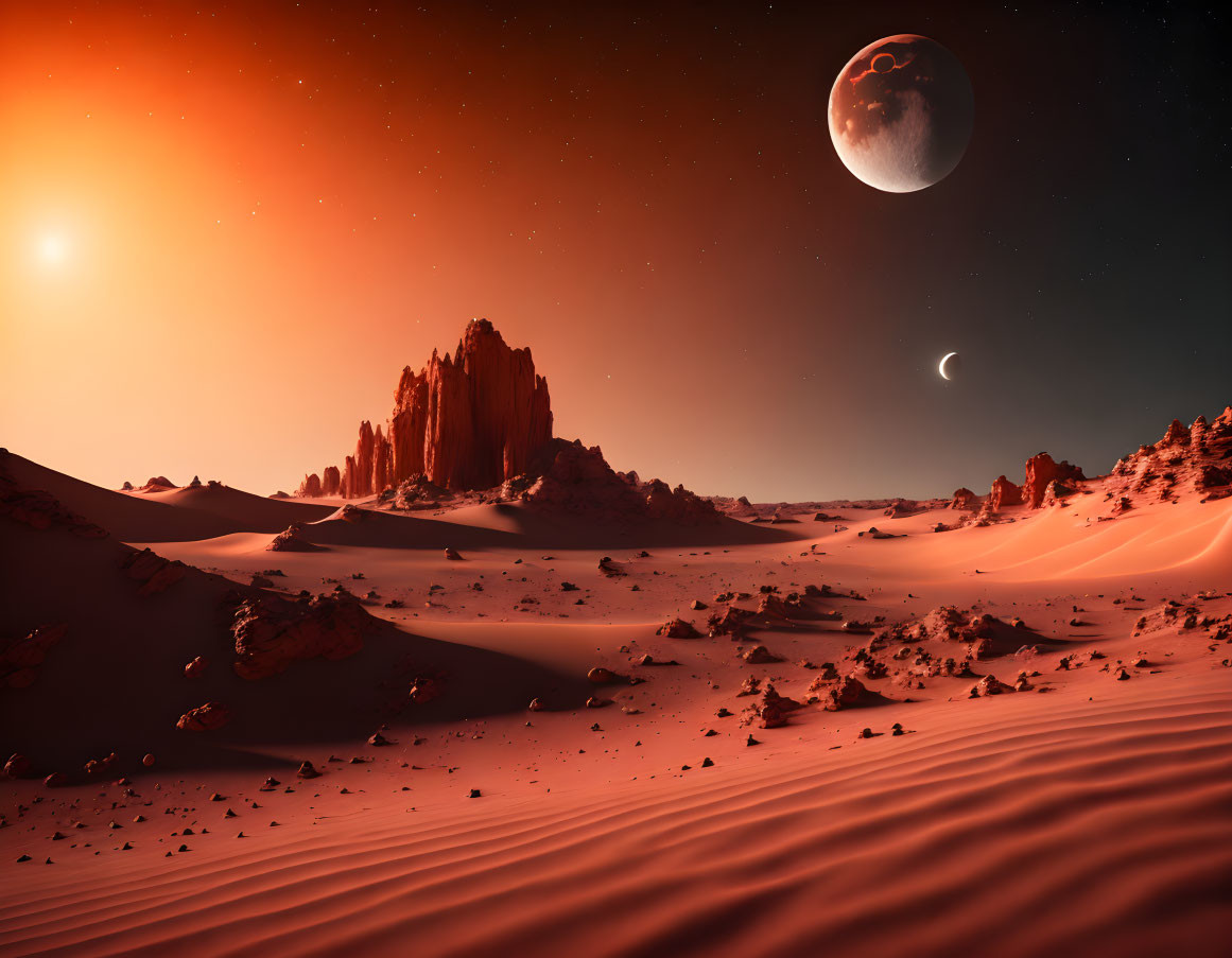 Surreal desert landscape with moon, sun, and rocky outcrops