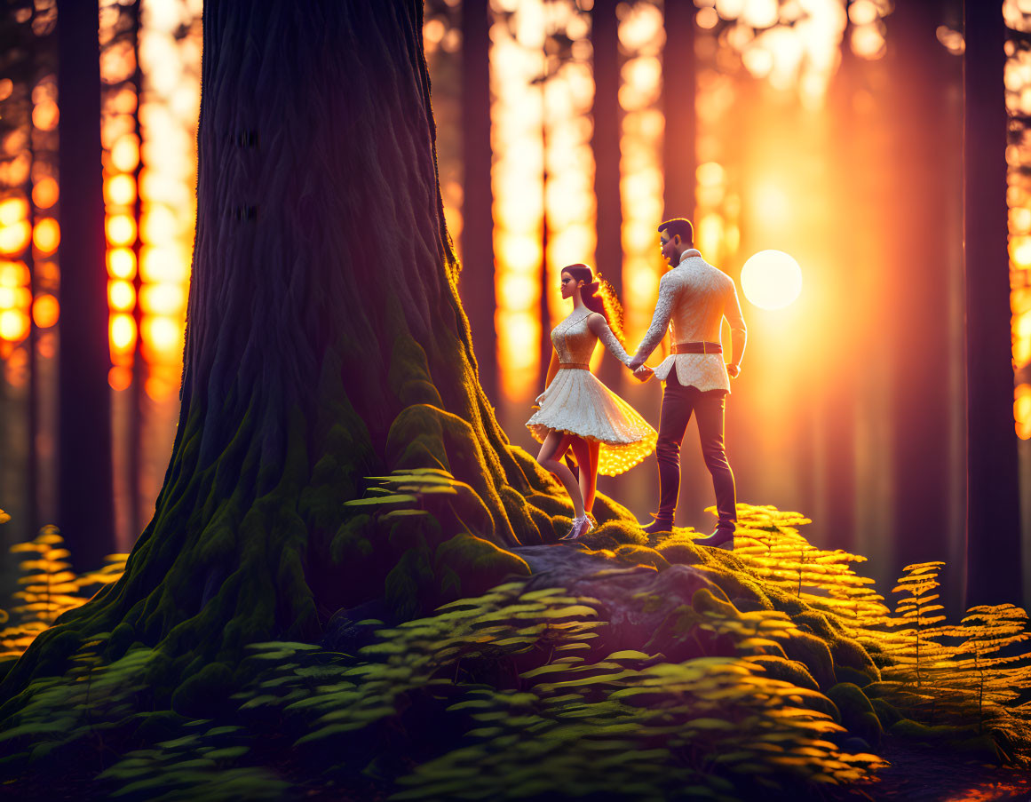 Couple holding hands in sunlit forest with radiant glow.