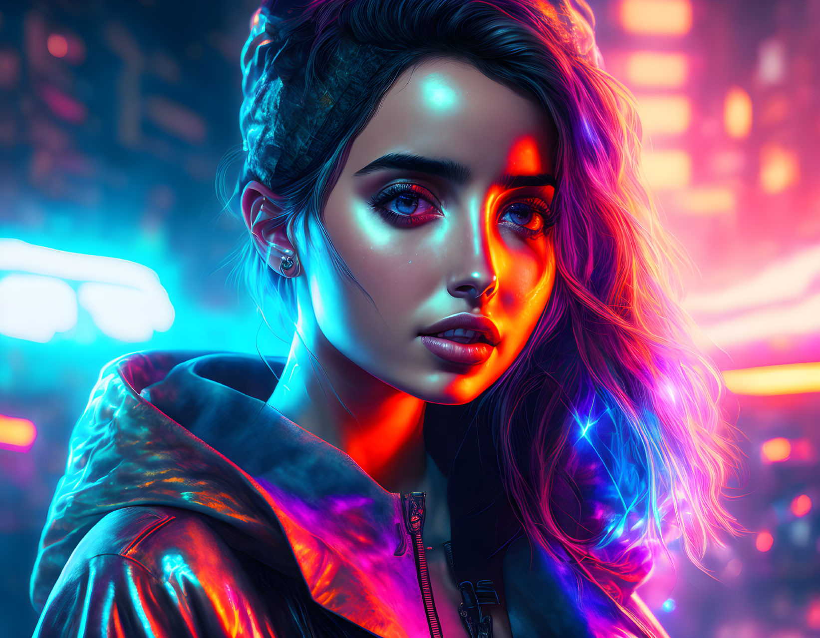 Vibrant digital artwork: Young woman with neon colors in futuristic cityscape