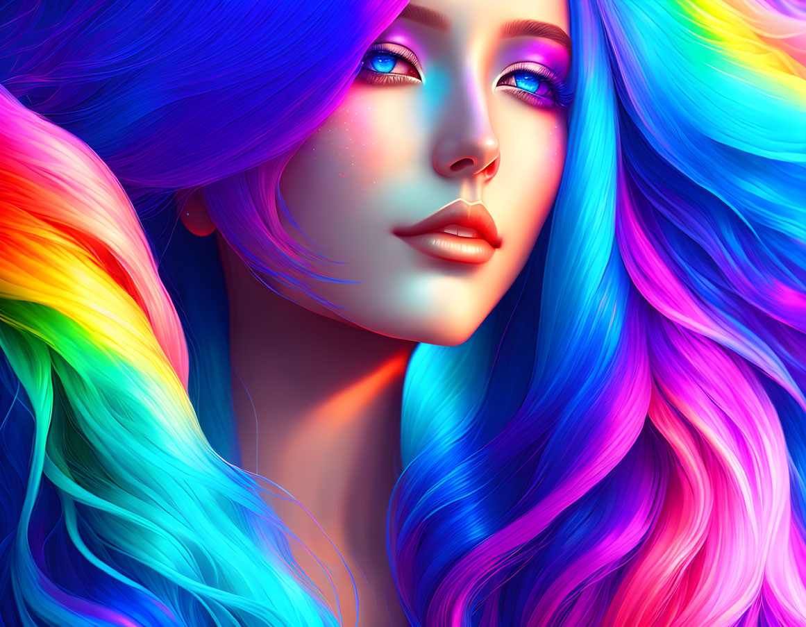 Colorful digital portrait of a woman with multicolored hair and blue eyes.