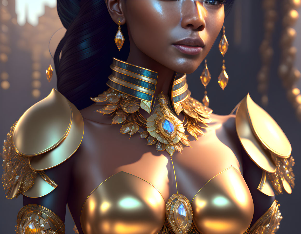 Elaborately adorned woman with gold jewelry in soft light