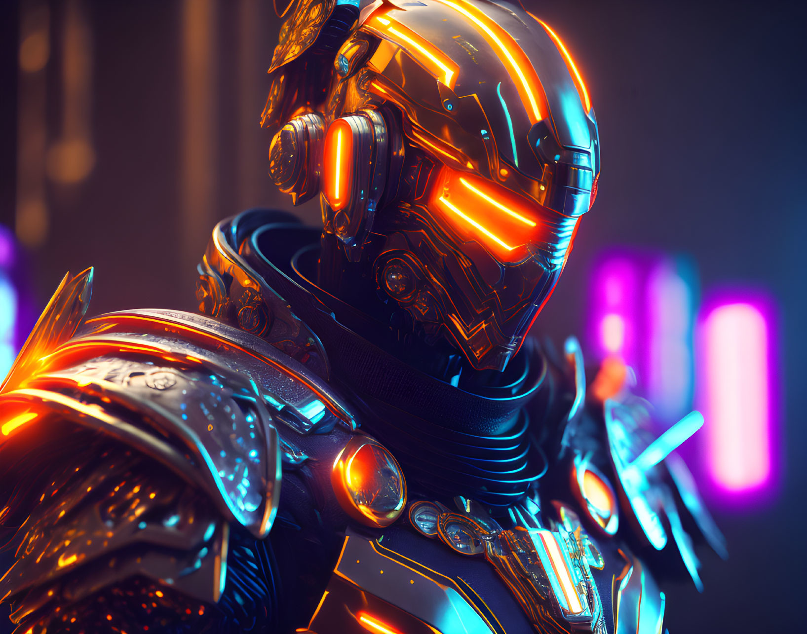 Futuristic armored robot in neon-lit setting with orange accents