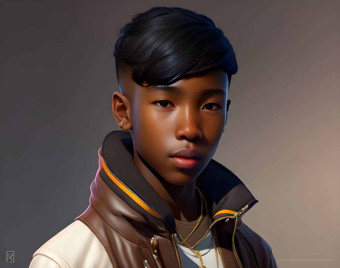 Modern digital portrait of young person with stylish haircut, jacket, and chain necklace on gradient background