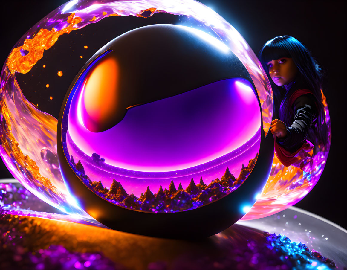 Child observing large purple orb in mystical forest scene