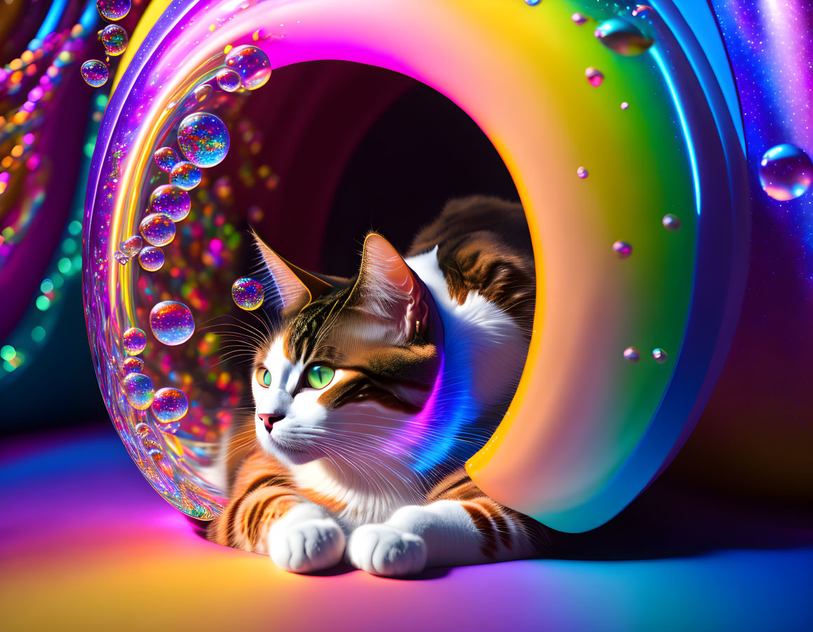 Colorful Cat in Psychedelic Doughnut Tunnel with Bubbles