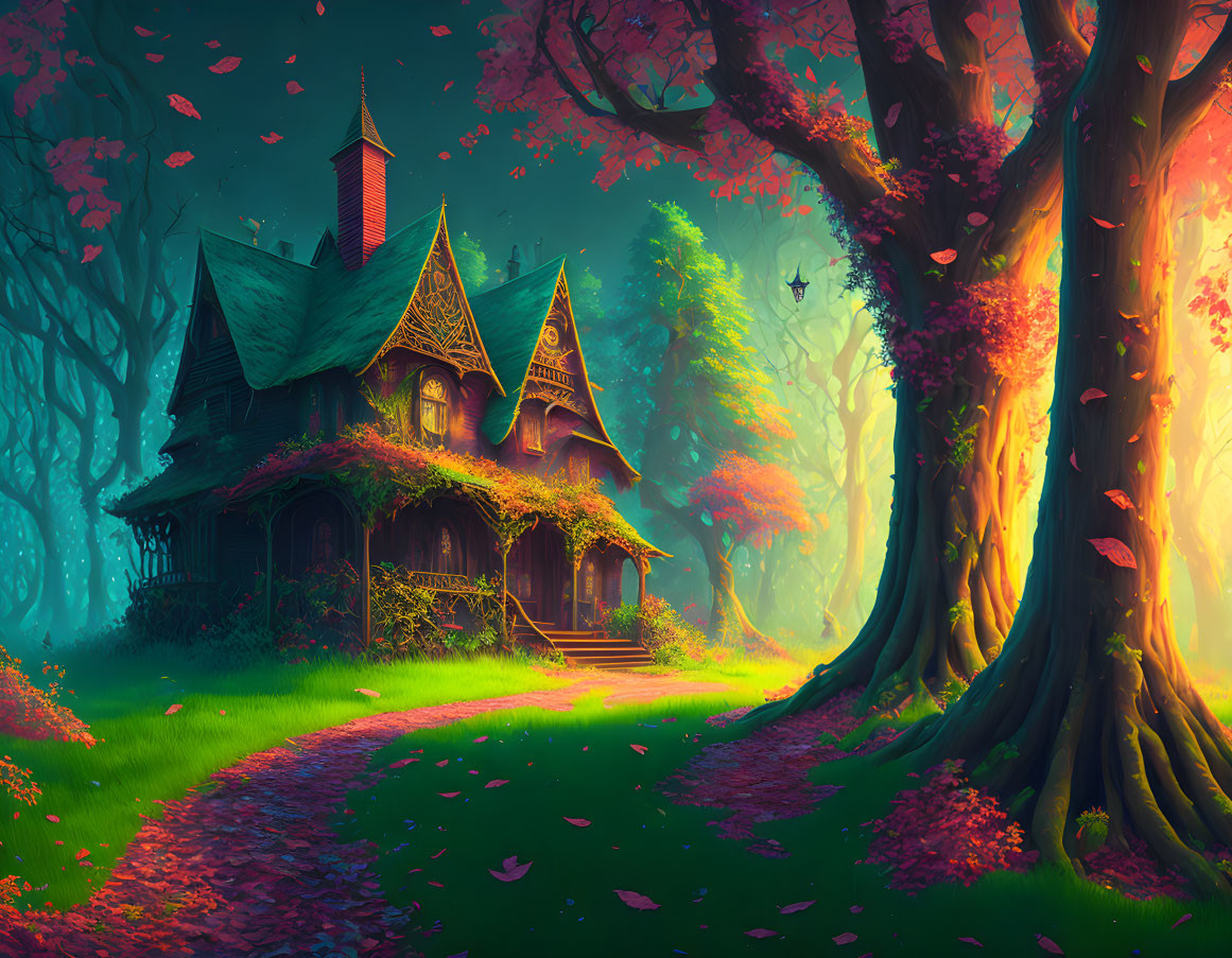 Illustration of fairy-tale cottage in vibrant forest scenery