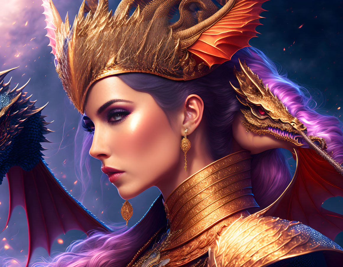 Digital artwork: Woman with golden dragon-themed crown and shoulder piece, accompanied by a dragon, set in