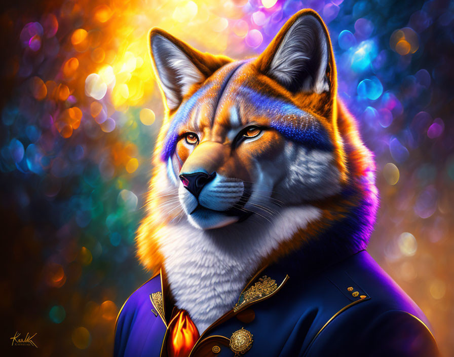 Colorful digital artwork: Fox in navy uniform with golden details