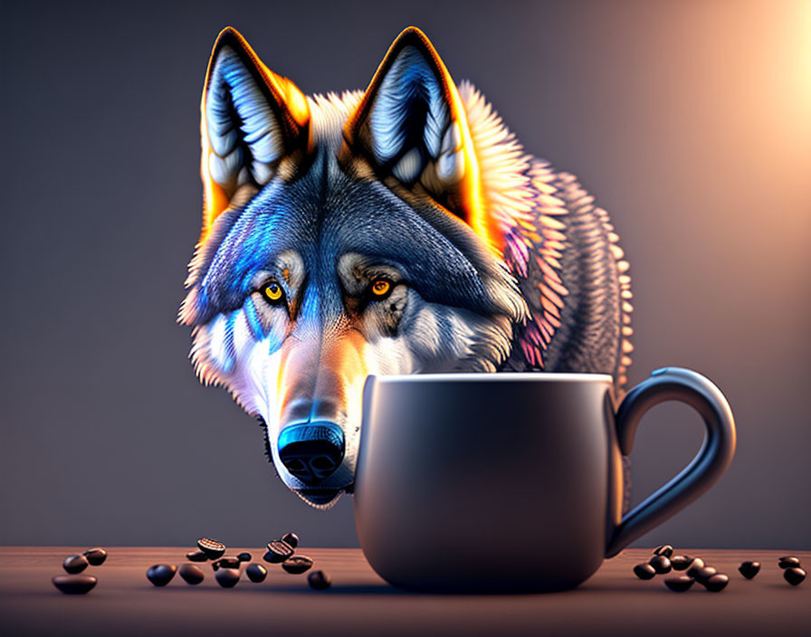 Colorful Wolf Head Emerging from Table with Coffee Mug and Beans