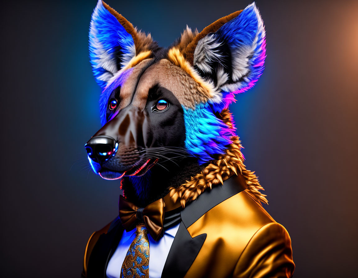 Vibrant fox mask portrait in blue and gold suit