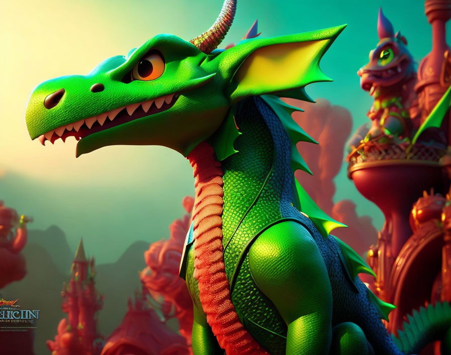 Detailed 3D green dragon with large eyes and horns in a fantasy setting