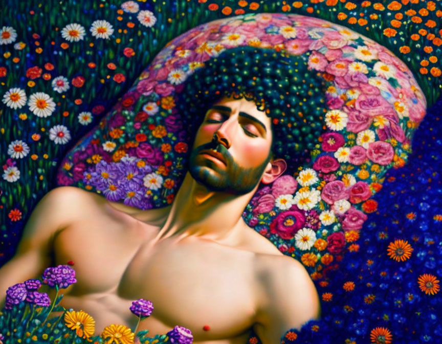 Colorful painting of shirtless man surrounded by flowers and cosmic patterns