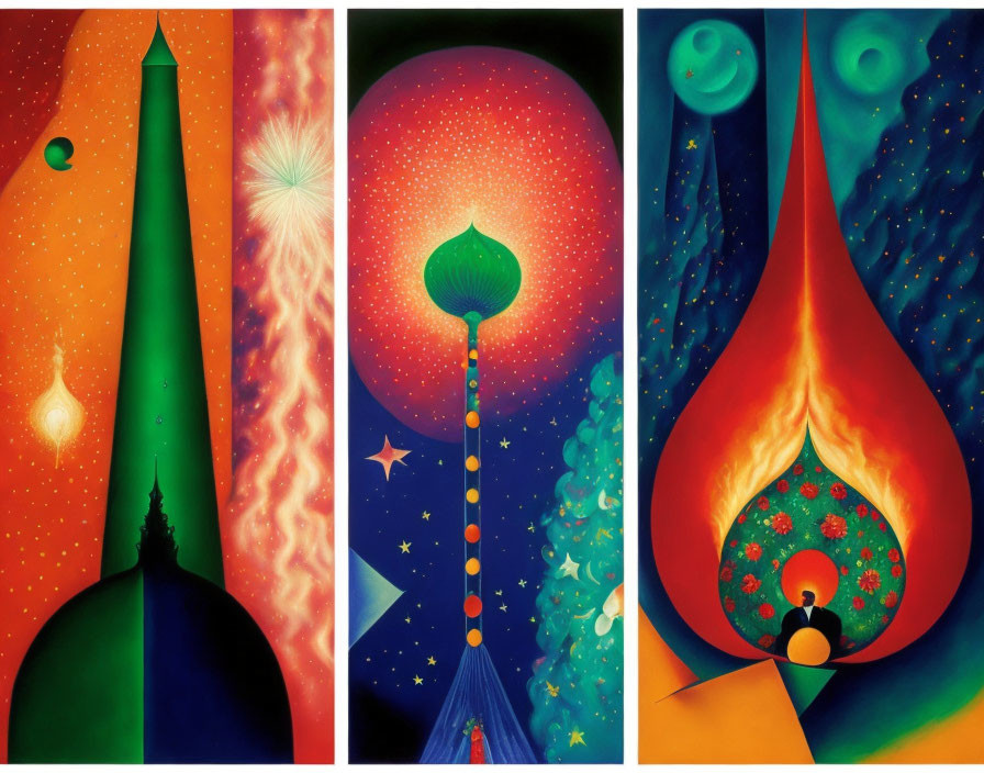 Colorful Surrealist Cosmic Tower Paintings with Celestial Elements