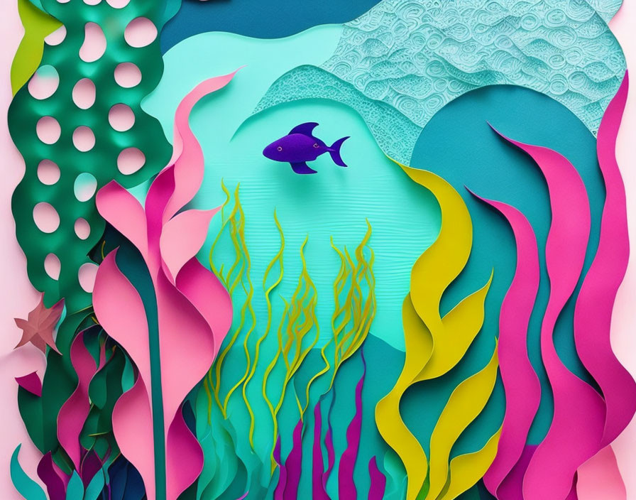 Vibrant paper art of underwater scene with seaweed, coral, and fish