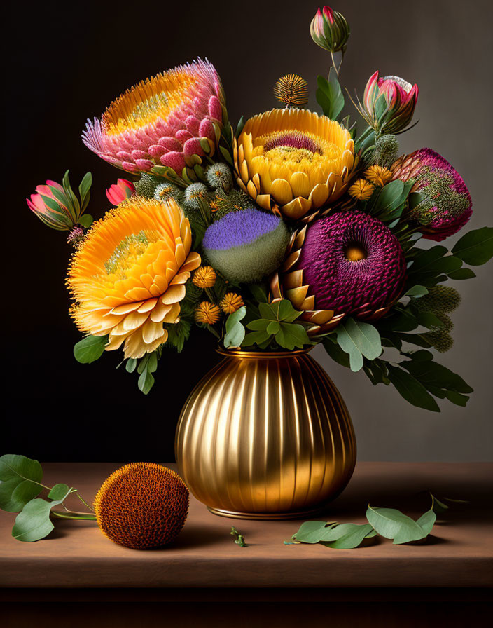 Exotic flowers in golden vase on dark backdrop with fruit.