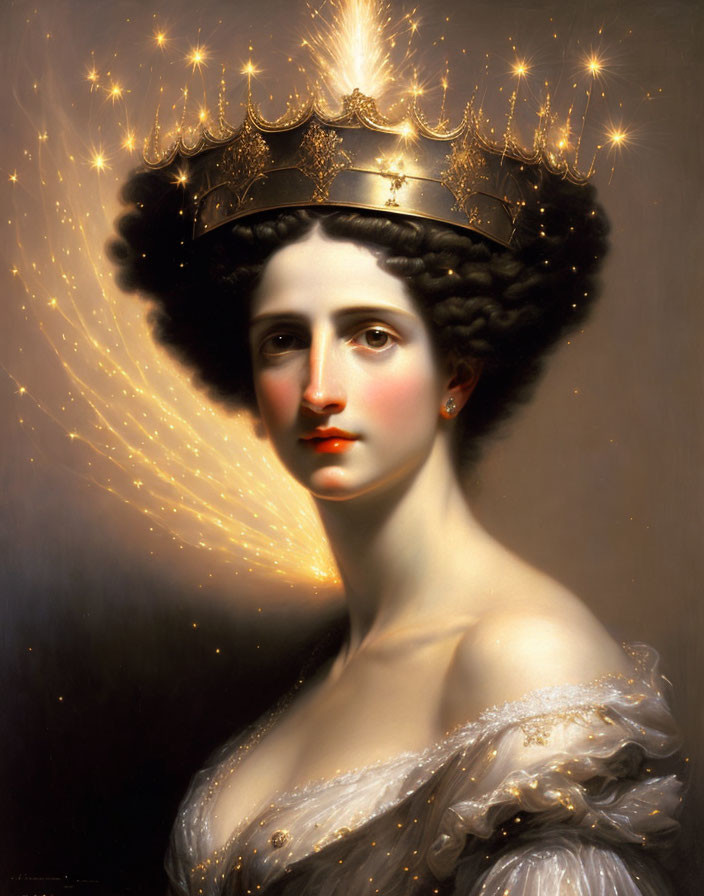 Regal woman wearing decorative crown with jewels on dark background