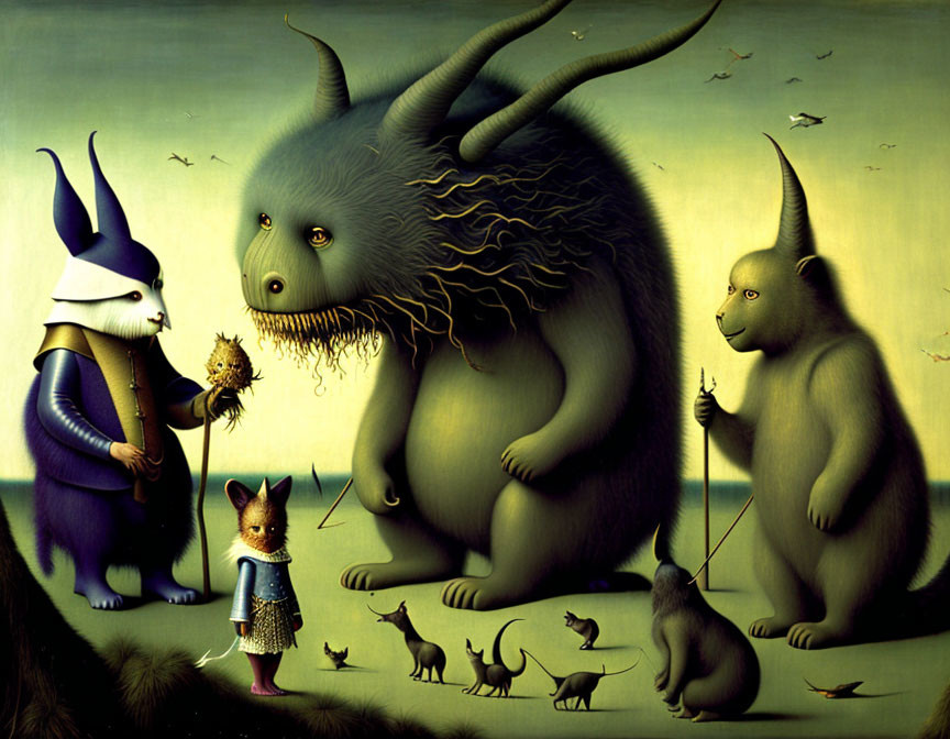 Surreal anthropomorphic animal painting with central rabbit-like face surrounded by other creatures in green field