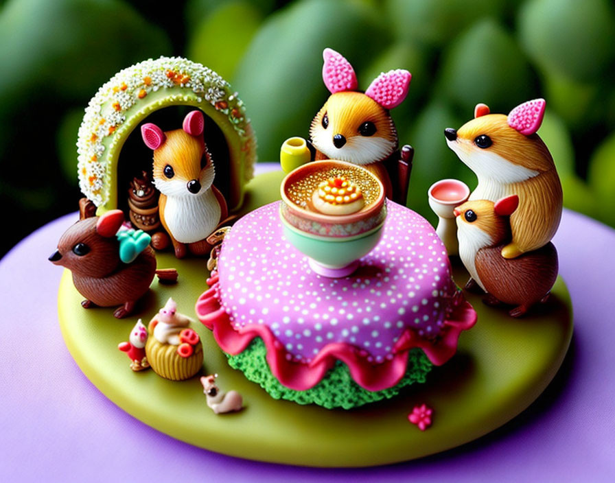 Vibrant anthropomorphic woodland creature tea party figurines