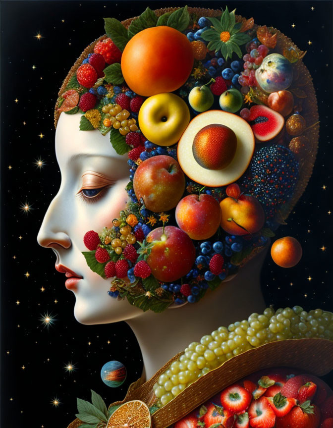 Surreal portrait featuring woman's face with fruits and stars for a cosmic atmosphere