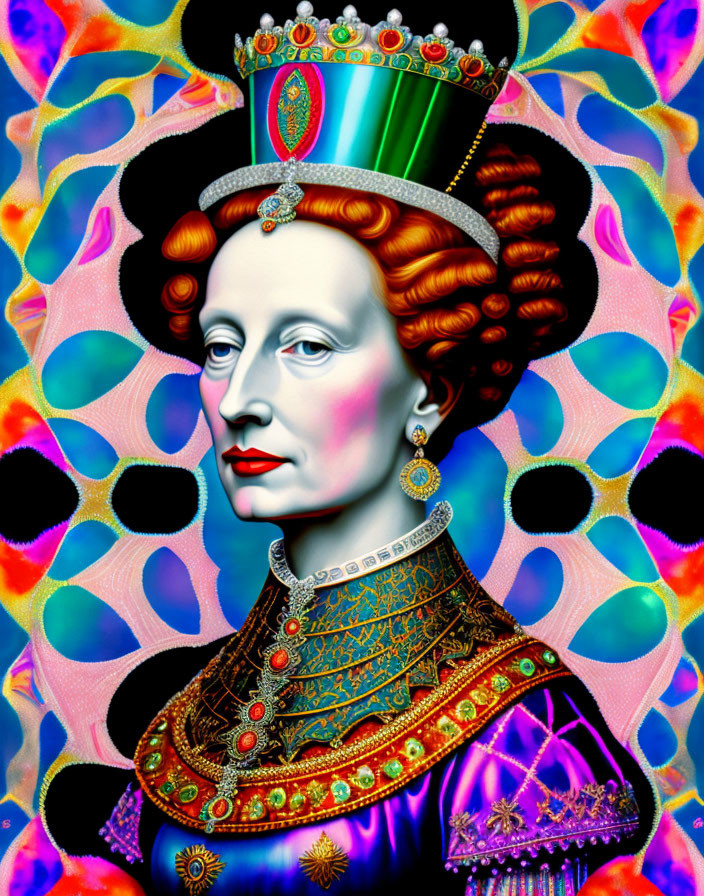 Colorful Psychedelic Portrait of Woman in Queen Elizabeth I Style