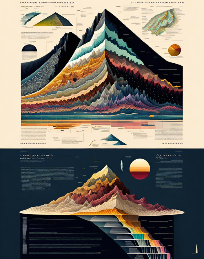 Stylized infographics: Layered mountain forms, data, annotations, charts