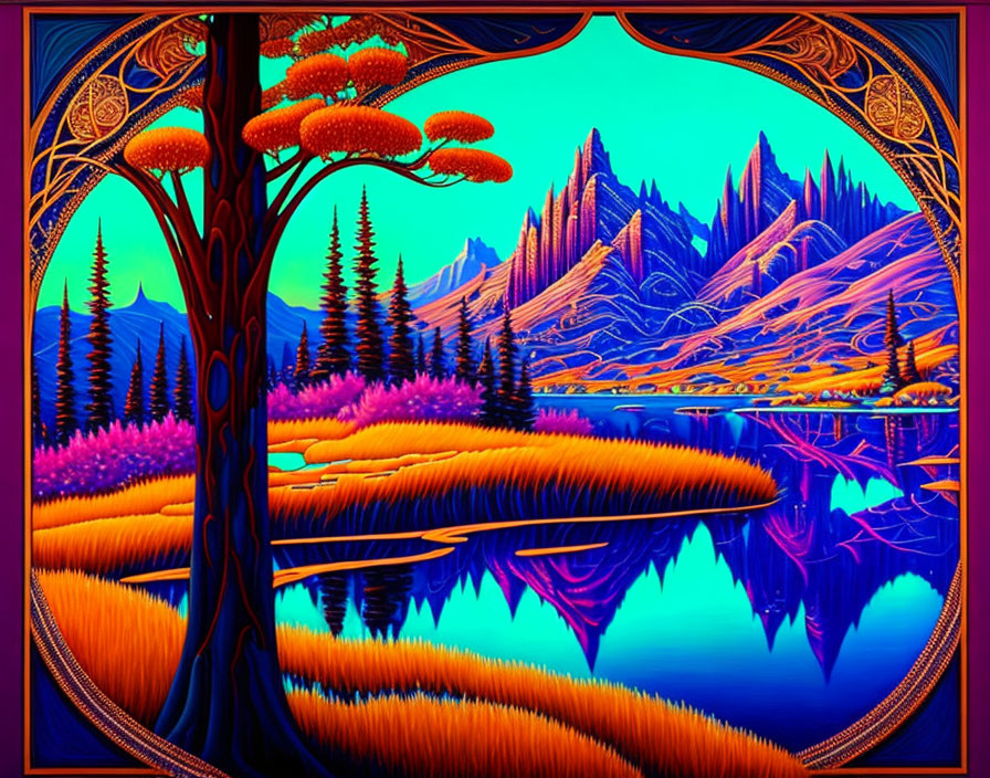 Colorful Psychedelic Landscape Artwork with Blue and Orange Hues