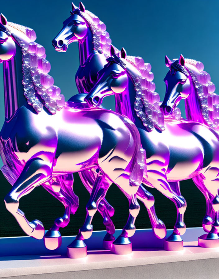 Metallic Purple and Silver Horses with Beaded Manes Galloping on Purple Background