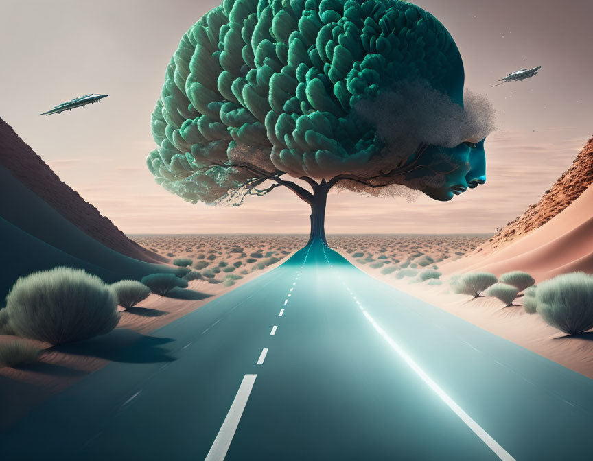 Surreal image of road to giant tree with brain canopy in desert landscape