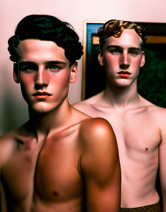 Two Shirtless Young Men with Styled Hair Posing Against Wall