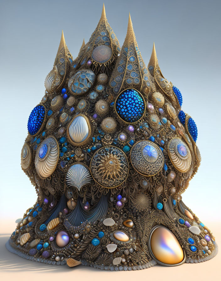 Ornate shell-like structure with jewels and intricate patterns