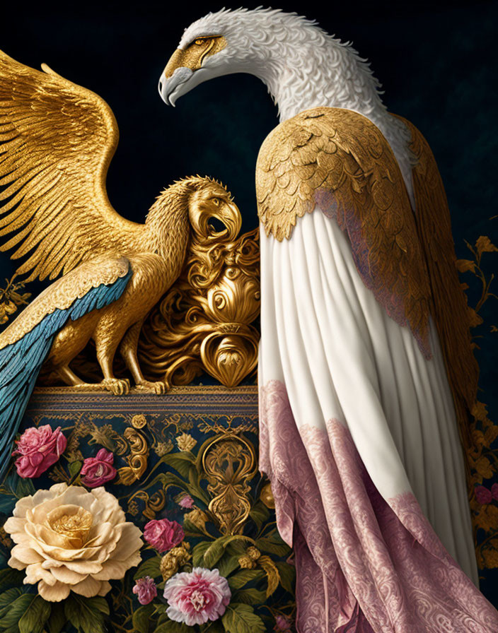 Golden Eagle with Anthropomorphic Design on Floral Background