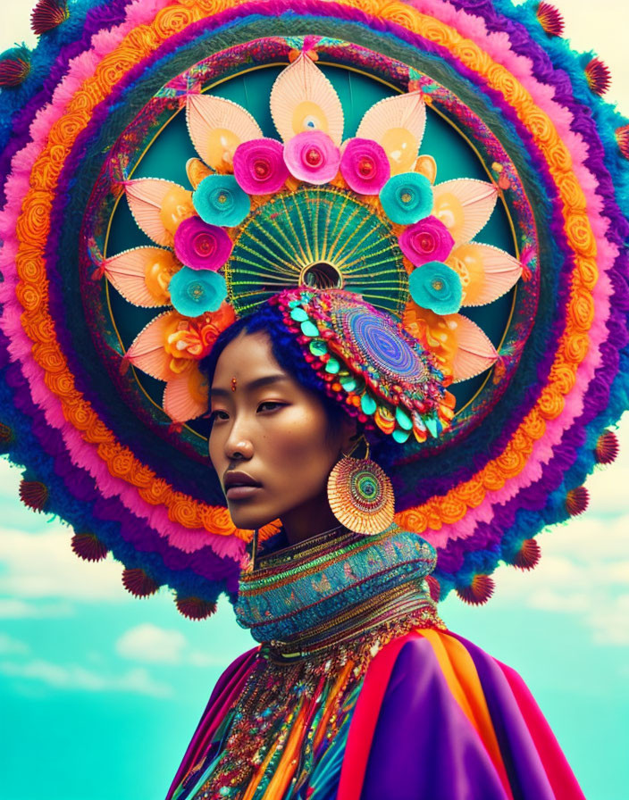 Colorful Woman's Artistic Headdress Against Turquoise Sky