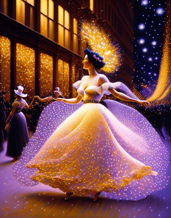 Colorful painting of woman in starry dress on festive street