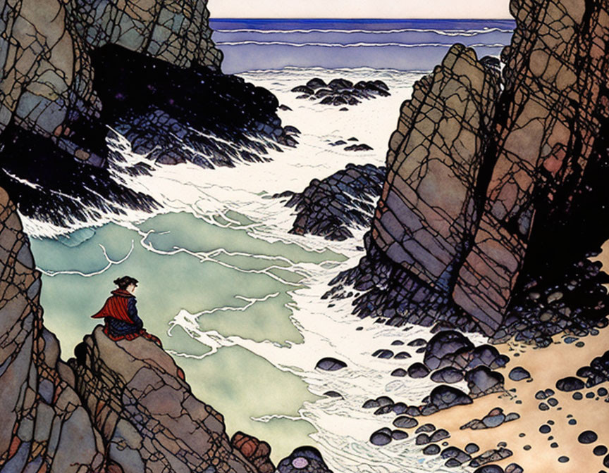 Person in Red Cloak Contemplates Tranquil Sea on Rocky Shore