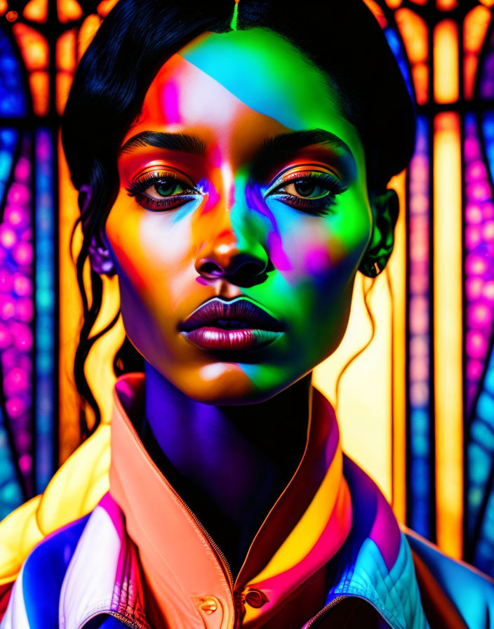 Colorful Light Patterns on Woman's Face Against Stained Glass Backdrop