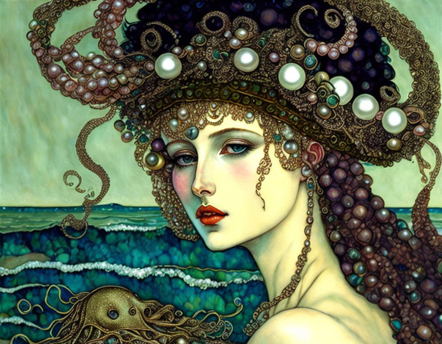 Illustration of woman with octopus tentacle headpiece in sea background