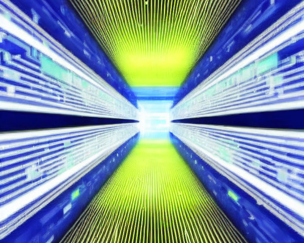 Abstract digital cyberspace with motion blur effect and blue-green light beams.